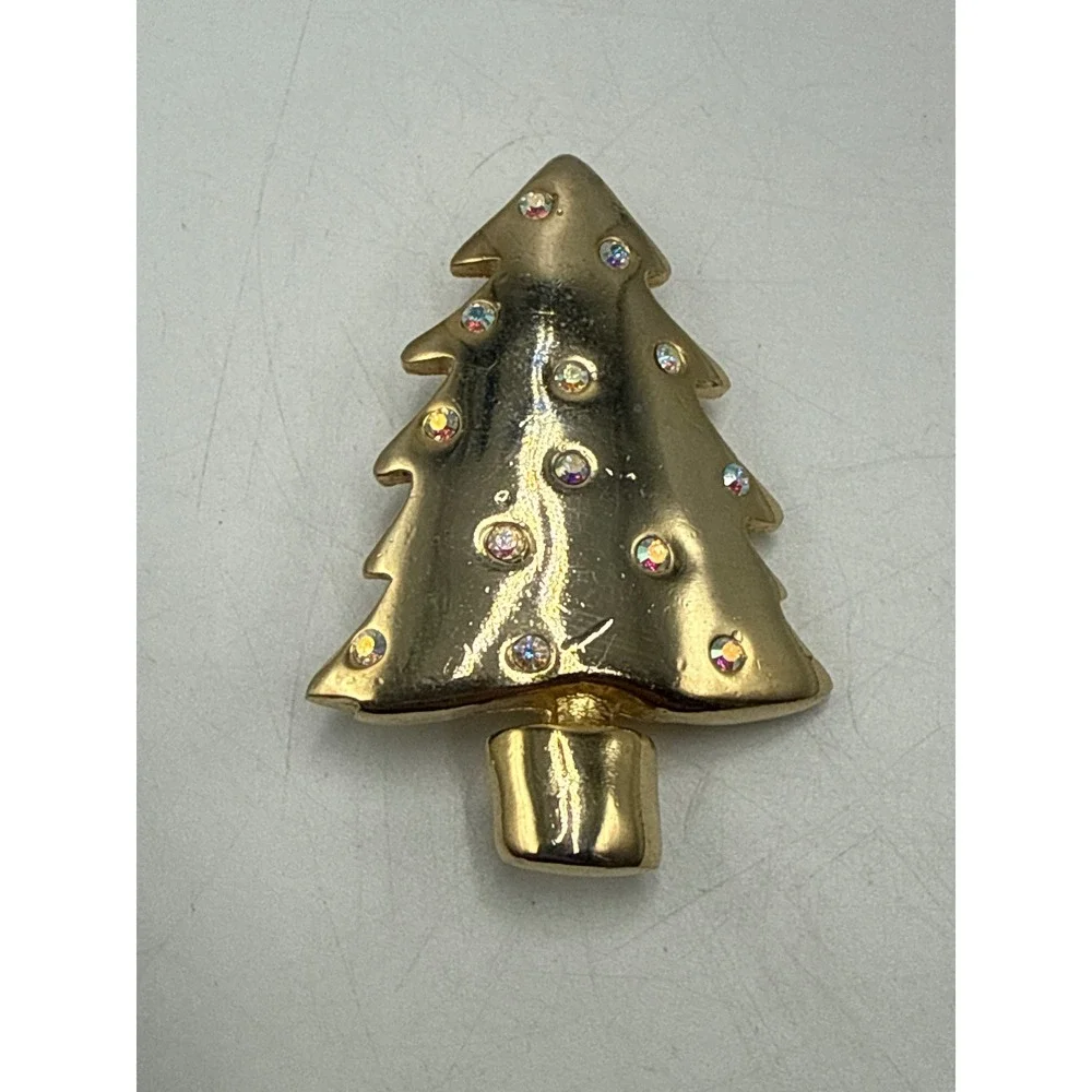 Vintage Gold Tone Christmas Tree Brooch Iridescent Rhinestone Holiday Pin